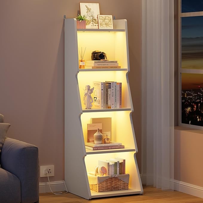 Hoctieon 5-Tier Open Bookcase and Bookshelf with LED Light, Floor Standing Display Storage Shelves, Wood Modern Display Organizer for Home Office, Living Room, Bedroom, Study, White