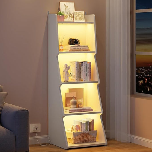 Hoctieon 5-Tier Open Bookcase and Bookshelf with LED Light, Floor Standing Display Storage Shelves, Wood Modern Display Organizer for Home Office, Living Room, Bedroom, Study, White