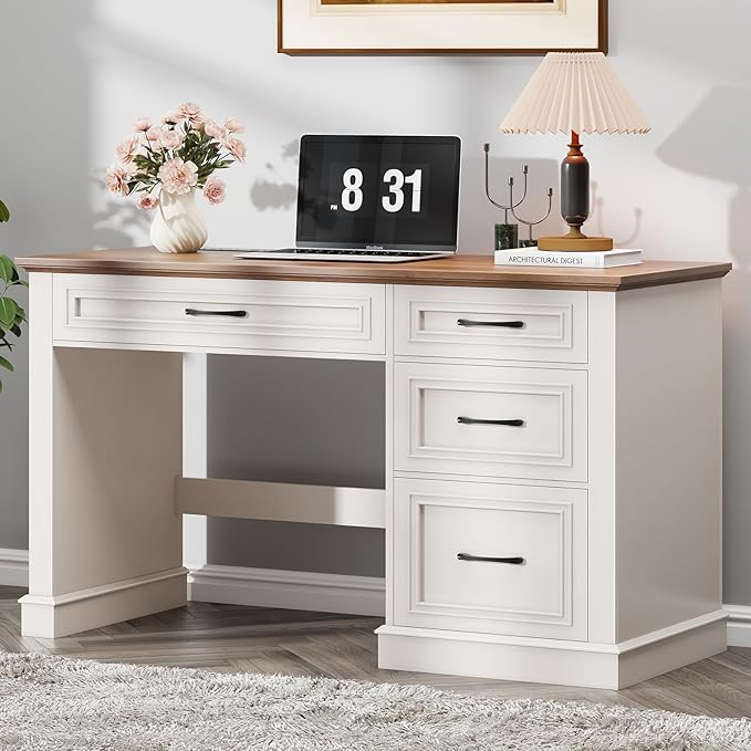Farmhouse 47" Executive Desk, Computer Desk with Drawers and File Drawer, Workstation Computer Desk with Charging Station for Home Office,Study.Unique White