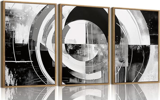 myusuar 3 Piece Large Modern Abstract Canvas Framed Wall Art For Living Room, Black And White Rings Minimalist Wall Art Decor Posters Prints For Bedroom Office, 24x36in