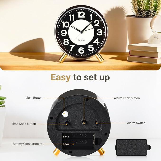 Analog Alarm Clock,Super Silent Non Ticking Small Clock with Night Light, Battery Operated, Simple Design, for Bedroom, Bedside, Desk, Adult, Kid, Gift，Ideal Decor (Light Luxury Gray)