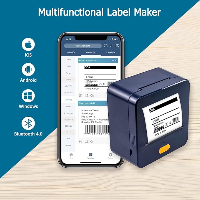 NETUM P1 Mini Label Printer- Portable Label Maker Printer Bluetooth Inkless Thermal Printer Compatible with Android iOS for Retail Barcode, Clothing, Mailing, Small Business(Blue)