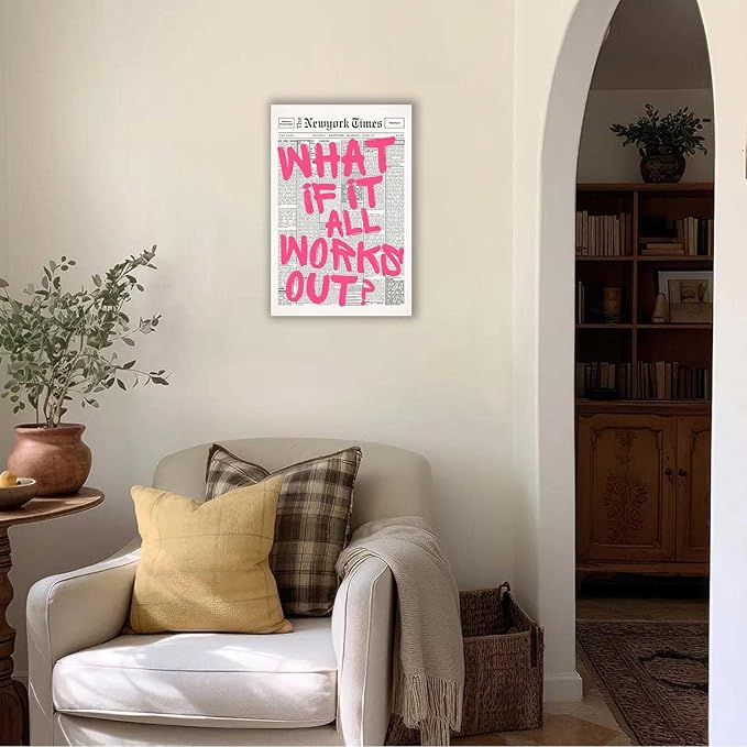Drimiler Retro Newspaper Pink Font Poster What If It All Works Out Canvas Wall Art Positive Affirming Quote Minimalist Prints Painting For Home Bedroom Dorm Wall Decor 24x36in Wframed