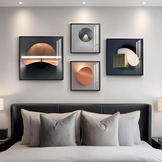 Large Framed Modern Wall Art for Living Room, 4 Piece Luxury Bright Style Picture Artworks Decor, Minimalist Geometric Painting Prints for Bedroom Dining Room Hallway