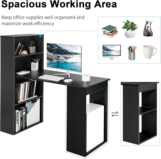 Tangkula Computer Desk with Bookshelf, Writing Study Desk with Storage Shelves & CPU Stand, Modern Compact Computer Workstation for Home & Office, Space-Saving Design (Black)
