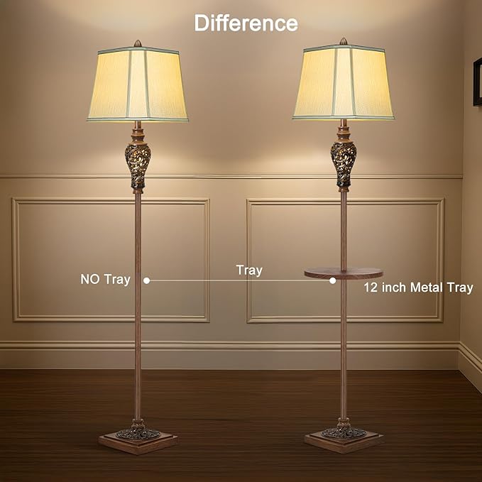 65" High Vintage Floor Lamp with Night Light and Metal Tray, Farmhouse Standing Lamp with Beige Faux Silk Shade, Retro Rustic Tall Lamp Decor for Living Room, Bedroom, Bedside, Corner (Bulb Included)