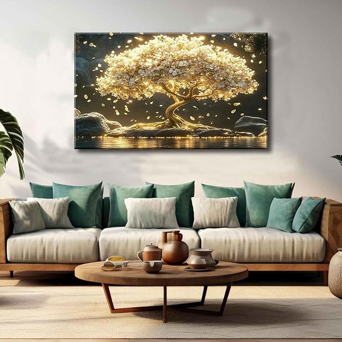 Large Tree of Life Canvas Wall Art Abstract Gold Tree Mountain Lake Decor painting Pictures Nordic Golden White Flowers Posters Prints for living room Bathroom Bedroom Office Hallway Home Decoration