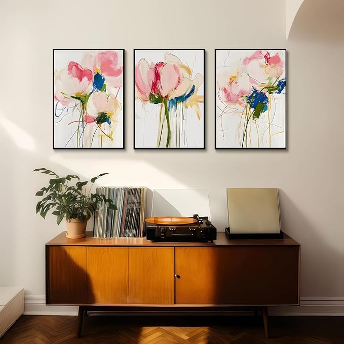3PCS Colorful Abstract Line Floral Canvas Wall art Botanical Floral Line Posters Print Modern Minimalist Flower Pictures Wall Decoration for Girls' Room Bedroom Living room Unframed