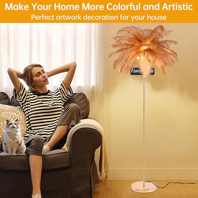 Feather Floor Lamp for Living Room, Fluffy Ostrich Feathers Lamp, Rose Gold Color Body, 3 Color Temperatures Modern Funky Arc Tall Standing Lamp for Bedroom Inclued Bright LED Bulbs (Brown)