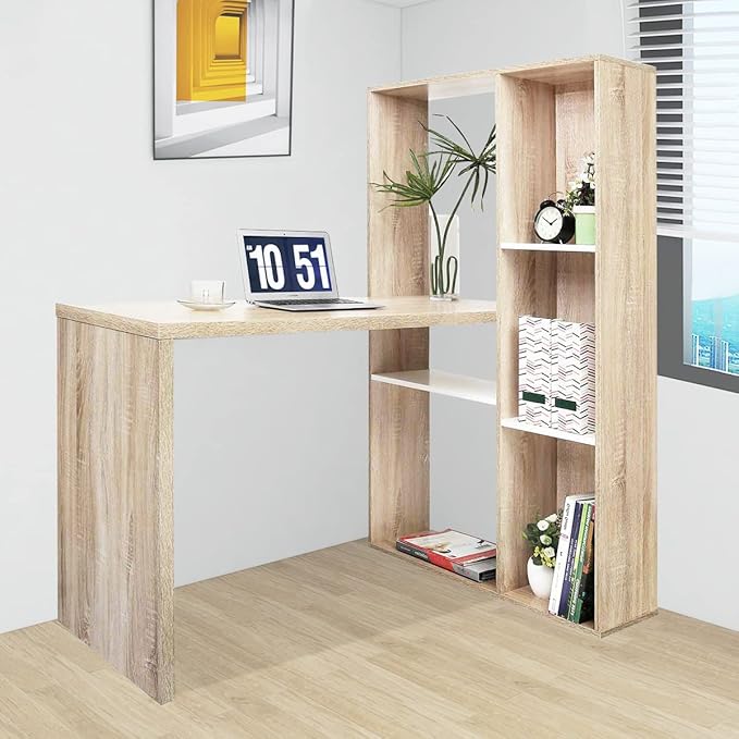 Computer Desk with Large Shelves, 47.2" Spacoius Home Office Writing Corner Gaming Table Vintage Design Work Station Convenient for Study Room Bedroom, Oak