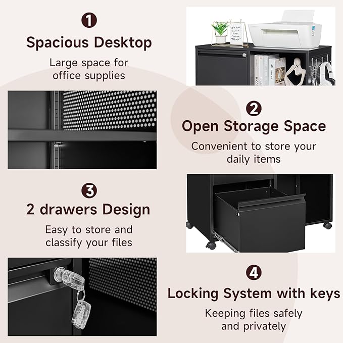 2 Drawer File Cabinet for Home Office, Rolling File Cabinets with Lock, Under Desk Metal Filing Caninet with Wheels for A4 / F4 / Letter/File Box, Black-Assembly Required