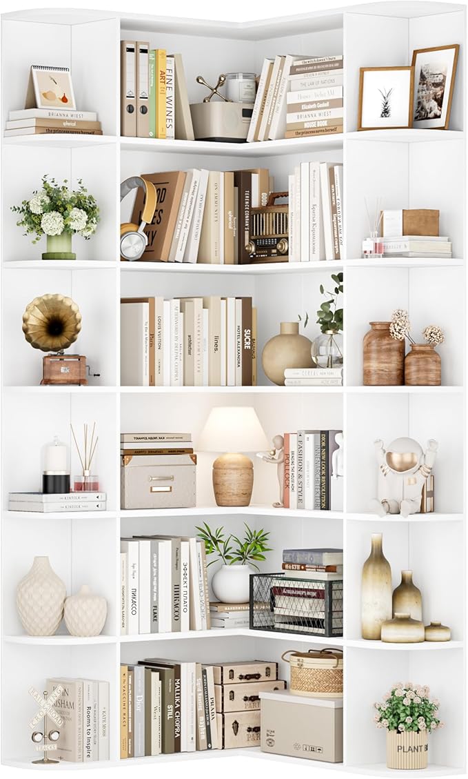 FOTOSOK 74” Tall Corner Bookshelf, 6-Tier Bookshelf and Bookcase with Open Storage, L Shaped Tall Bookcases Wooden Storage Shelves for Home Office, Thickened Boards for Better Load Bearing, White