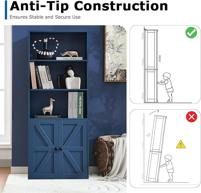 Bookshelves and Bookcases with Barn Doors, Farmhouse Bookshelf with Display Shelves, Floor Standing 5-Tier Book Shelf with Storage Cabinet for Home Office, Living Room, Bedroom, Blue
