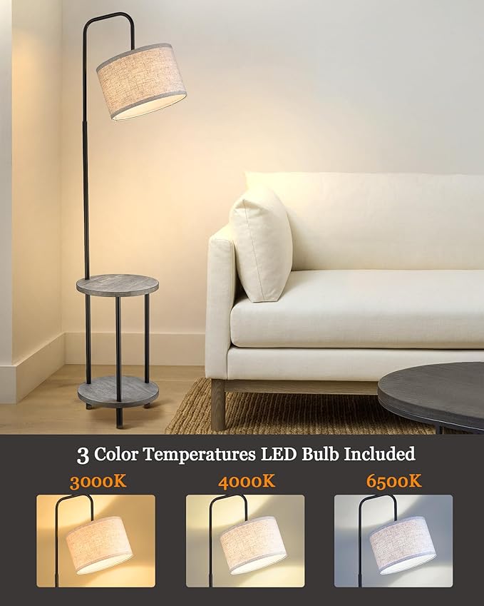 ELYONA Solid Wood Floor Lamp - Rustic Side Table Lamp for Bedroom & Living Room - Mid Century Modern Floor Lamp with 3 Color Temperatures LED Bulb - Industrial Tall Pole Reading Standing Light - Grey