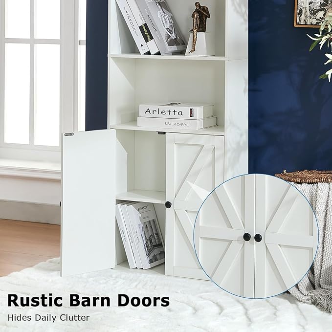 Bookshelves and Bookcases with Barn Doors, Farmhouse Bookshelf with Display Shelves, Floor Standing 4-Tier Book Shelf with Storage Cabinet for Home Office, Living Room, Bedroom, White