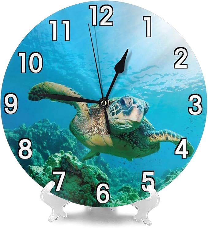 Sea Turtle Wall Clock Battery Operated Silent Non Ticking Round Clock Wall Decor for Home Kitchen Living Room 9.8 Inch
