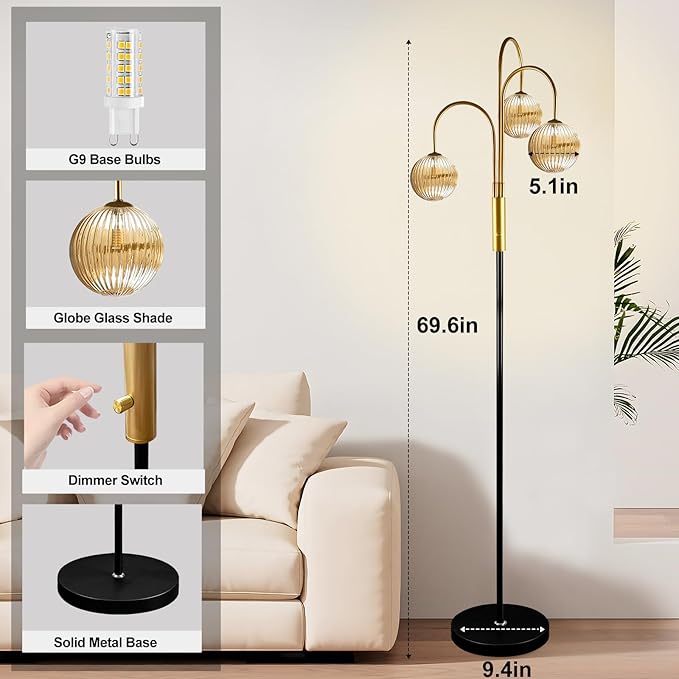 Lightdot 70IN Dimmable Floor Lamp for Living Room, 3 Light LED Tree Floor Lamps with Glass Globe Shade& Bulb Included, Mid Century Standing Tall Lamp for Bedroom/Sofa Beside/Corner Decor-Black&Gold