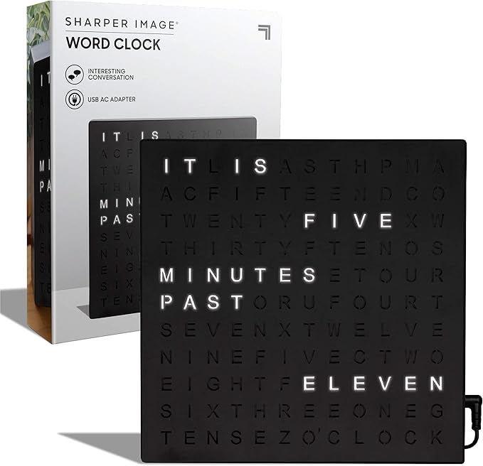 Sharper Image LED Word Digital Clock, 7.75", Black Finish, Light-Up Desk & Wall Clock, Modern Time Display, Shelf or Wall Decor for Home Office, Living Room, Kitchen & Bedroom, Housewarming Gift
