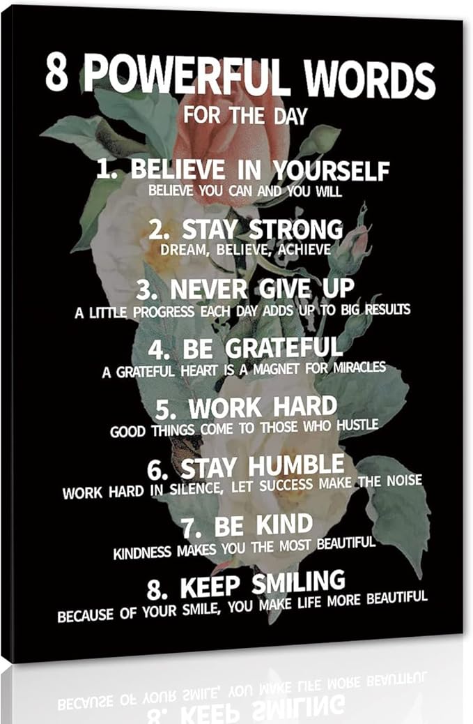 Inspirational Office Quotes Sayings - 8 Powerful Words for The Day Canvas Decoration Paintings with Flower Background Suitable for Office School Library Home Wall Hangings HD Print-12 x16 inch