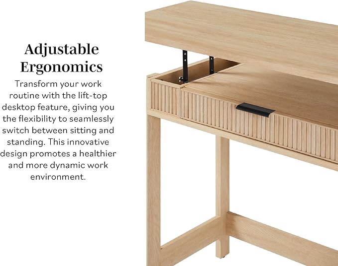 Walker Edison Transitional Style Furniture, Reeded Detail, Lift-Top Desk with Drawer and Storage Cubby, Sitting to Standing Desk, Soft Self-Close Desktop, 38 Inch, Coastal Oak