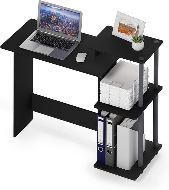 Furinno EFFICIENT Desk, 28.6" Wide Gaming Desk with 3 Open Side Shelves, Laptop Notebook Computer Desk, Office Desk for Home Office, Study Room, Dorm, Bedroom, Solid Black