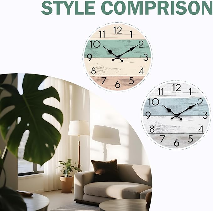 Wall Clock Silent Non-Ticking Wooden Clocks Battery Operated 8 Inch Small Country Retro Rustic and Beach Style Decorative for Kitchen, Home, Bathroom, Bedroom (Green)