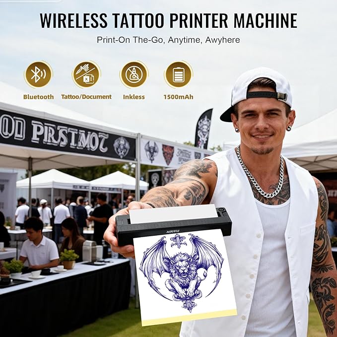 2026 New 2 in 1 Tattoo Stencil & Document Printer, Wireless Bluetooth Thermal Printer - HD Fast Transfer, Portable Easy-to-Use for Tattoo Artists/Shops, Travel, Home, Office - Black