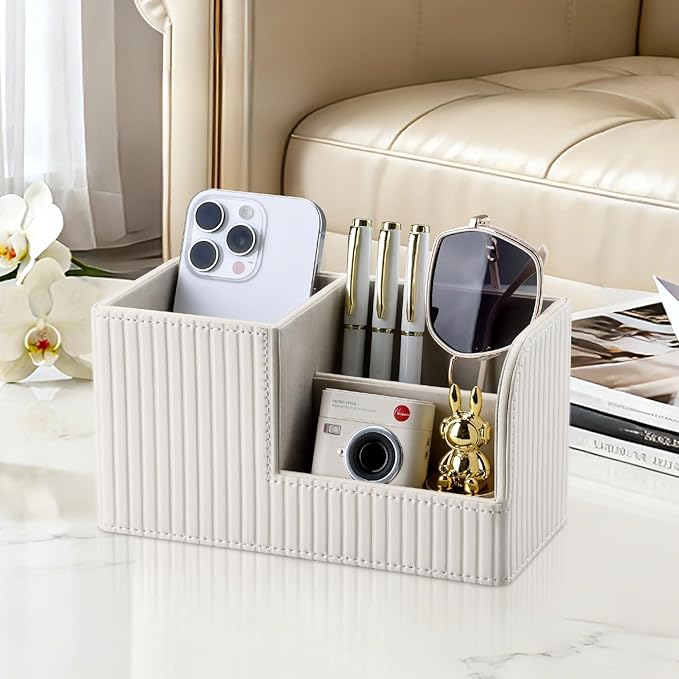 KINGFOM Desk Pen Organizer Office Supplies Caddy Pu Leather Multi-function Storage Box Pen/Pencil,Cell phone, Business Name Cards Remote Control Holder (Ivory White)