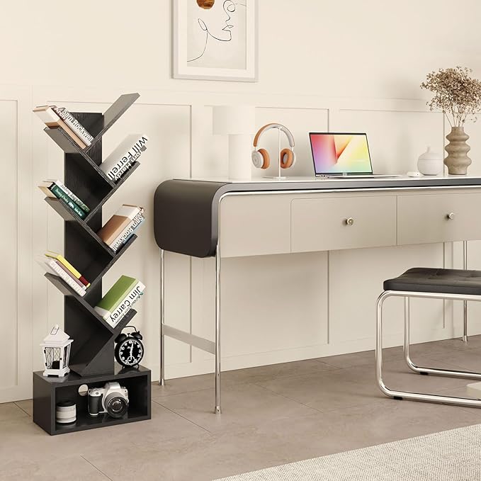 YMYNY 6 Tier Tree Bookshelf, Tall Bookcase, Wood Book Storage Rack with Drawer, Modern Floor Standing Book Shelf for Books/Movies/CDs, Utility Organizer for Living Room, Home Office, Black UHBC016B