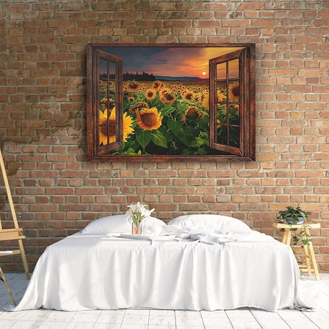 Parylore Sunflower Wall Art Canvas Print Wall Decor Sunflower Field Sunset Landscape On Wood Window Painting Framed Modern Artwork for Living Room Bedroom Bathroom Office Home Decor 12x16 In