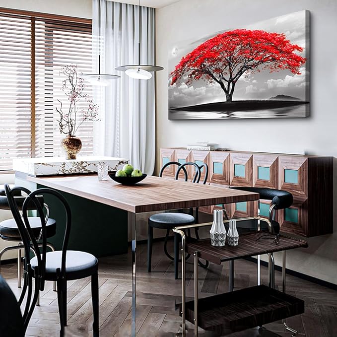 Wapluam Canvas Prints Wall Art For Living Room Bedroom Large Wall Decor Red Tree Landscape Painting Black And White Pictures To Hang Modern Home Decorations For Office Stretched And Framed Artworks