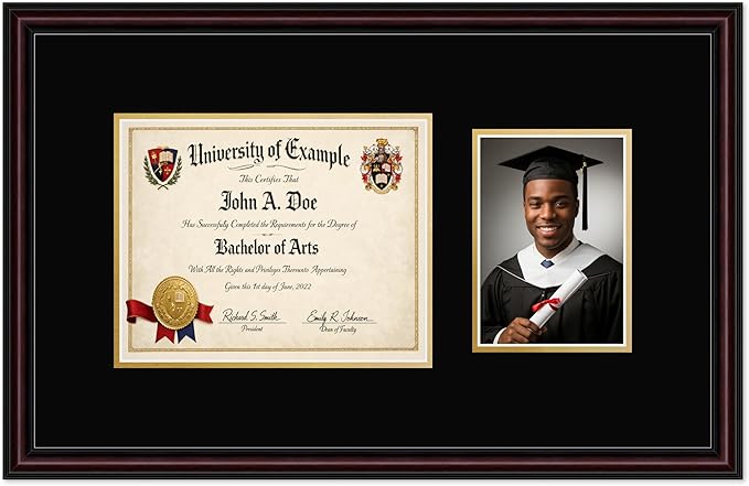 CountryArtHouse Fits 10 x 8 Professional License and 5 x 7 Photo Diploma and Photo Frame Executive Brown Genuine Hardwood with Black Over Metallic Gold Double mat
