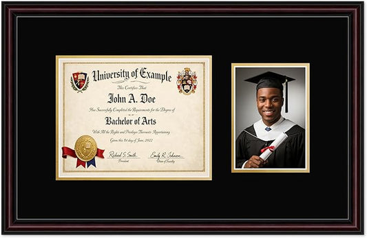 CountryArtHouse Fits 10 x 8 Professional License and 5 x 7 Photo Diploma and Photo Frame Executive Brown Genuine Hardwood with Black Over Metallic Gold Double mat