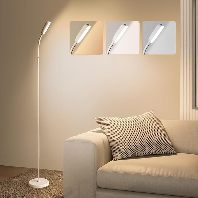 Cordless Portable Floor Lamp, Adjustable Gooseneck with Touch Switch, 3 Color Modes, Lightweight & Rechargeable for Living Room, Bedroom, Office, Reading, Camping, RV, Piano, Indoor Outdoor-White