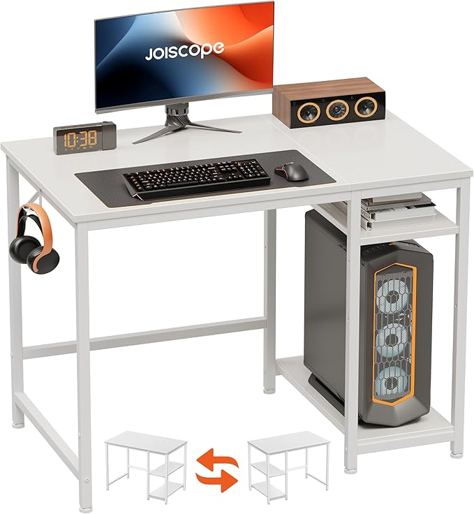 JOISCOPE Home Office Desk with Double Reversible Side Shelves and Headphone Hooks, Small Computer Desk for Working, Gaming, Studying, 40 inches, White