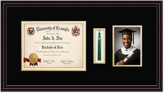 CountryArtHouse Diploma Tassel and Photo Shadowbox Fits 11 x 8.5 US Letter Certificate with Tassel Ho Executive Brown Genuine Hardwood with Black Over Metallic Gold Double mat