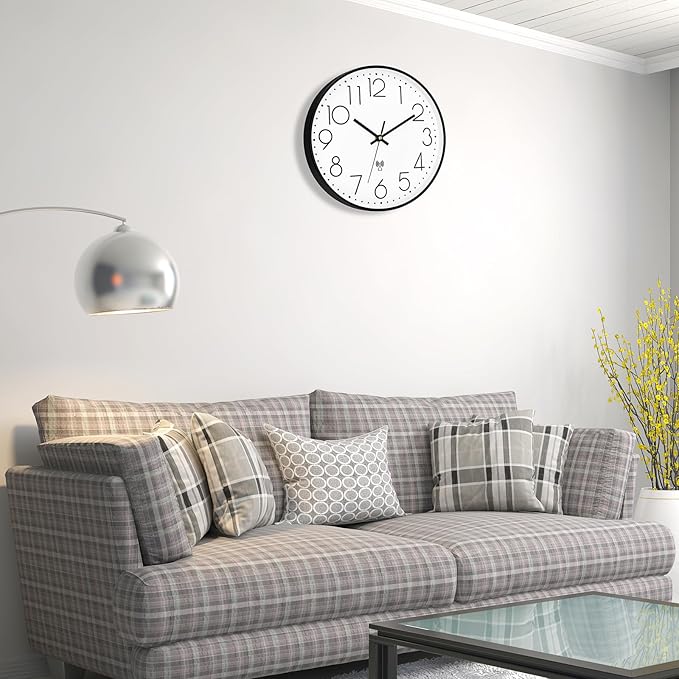 Foxtop Atomic Wall Clock Battery Operated Round Analog Modern Black Wall Clock Sets Automatically for Office Classroom Bedroom Kitchen Living Room