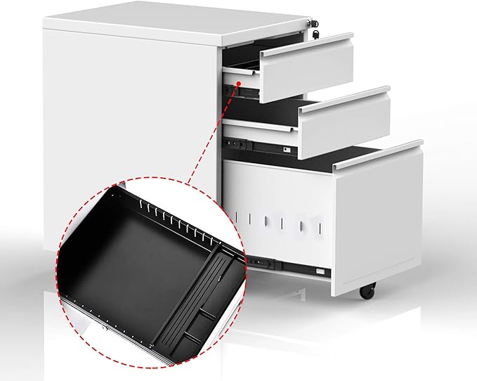 Anwick 3 Drawer Mobile File Cabinet with Lock, Under Desk Metal Filing Cabinet for Legal/Letter/A4 File, Fully Assembled Except Wheels (White)