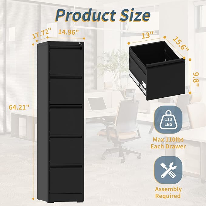5 Drawer File Cabinet with Lock, Vertical Filing Cabinets for Home Office, Metal Storage Cabinets, Heavy Duty File Cabinet for Letter/Legal/A4/F4 Size Amsseble Required, Black
