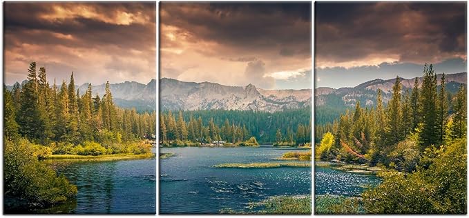 Lake Poster Wall Art Wall Decor Lake Mountain Forest Nature Park Landscape Picture Print on Canvas 3 Pieces Painting Artwork for Modern Home Living Room Workplace Stretched and Framed [60''Wx28''H]