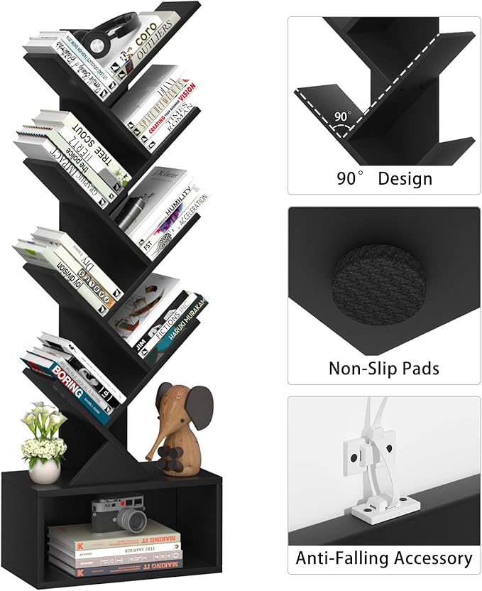 9 Tier Tree Bookshelf,Christmas Green Bookcase for Narrow Space, Storage Organizer Floor Standing Bookshelves for Books, Tall Book Case for Home Office, Living Room, Bedroom