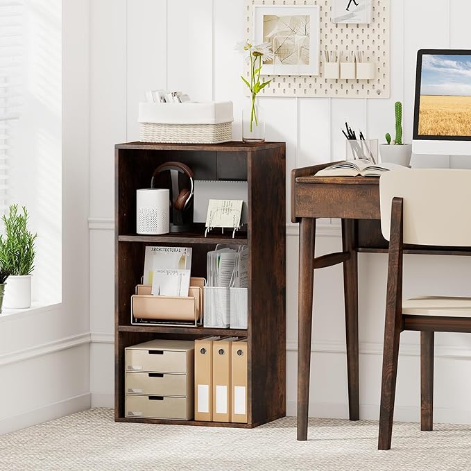 Giantex 3 Tier Bookcases Set of 2, 31.5" Bookshelf Cube Storage Organizer, Open Storage Cabinet Multi-Functional Home Office Bedroom Furniture Display Bookcases, Rustic Brown
