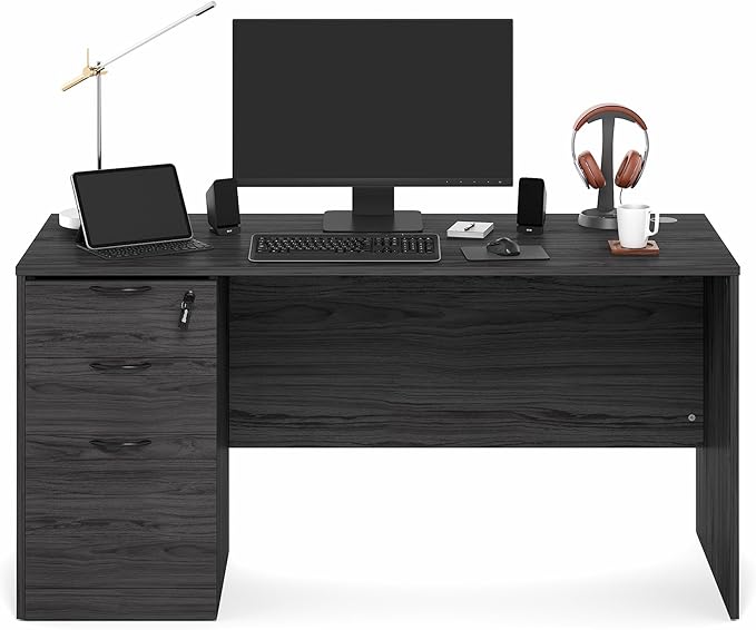 Furinno Roger 60 Inch Executive Desk with File Cabinet, Home Office Desk with 3-Drawer Fixed Pedestal Filing Cabinet, Desk Cord Grommet, for Home Office, Coastal Grey