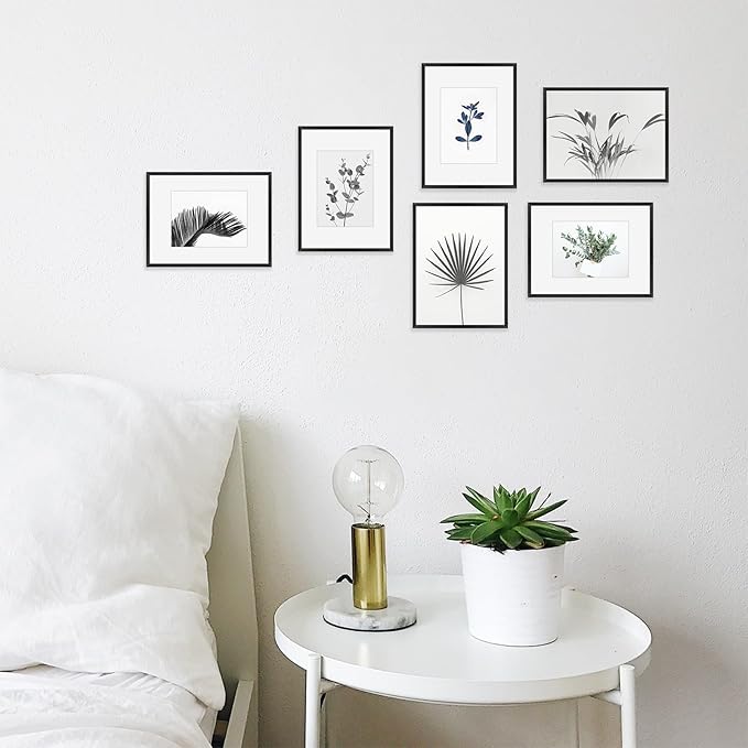 Golden State Art, Gallery Wall Frame Set of 6 - Black 9x12 Aluminum Photo Frames with Mat for 6x8 Pictures - 9 x 12 inch Metal Frame with Real Glass Cover - Elegant Home or Office Decor