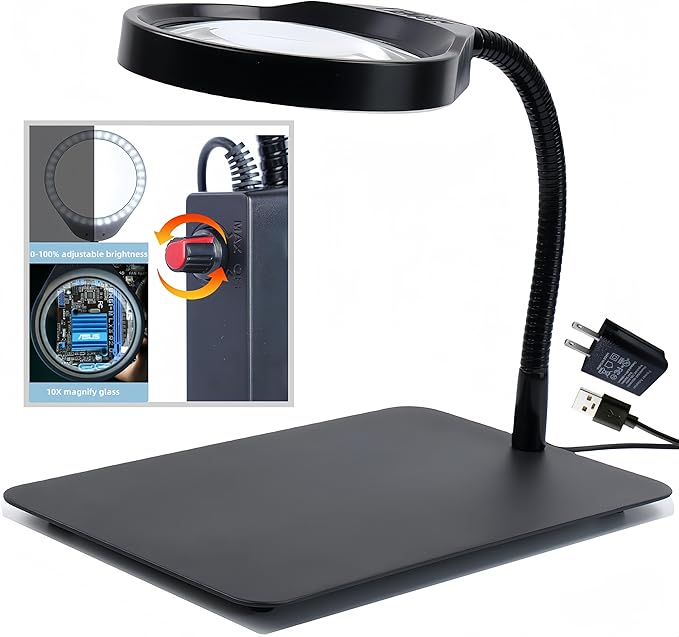 10X Magnifying Glass with Light and Stand,Dimmable Flexible Magnifying Craft Ligh, LED Lighted Magnifier Hands Free for Close Work Craft Reading Painting Hobby (Black-04)