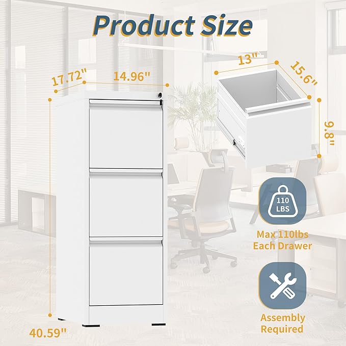 3 Drawer File Cabinet with Lock, Vertical Filing Cabinets for Home Office, Metal Storage Cabinets, Heavy Duty File Cabinet for Letter/Legal/A4/F4 Size Amsseble Required, White