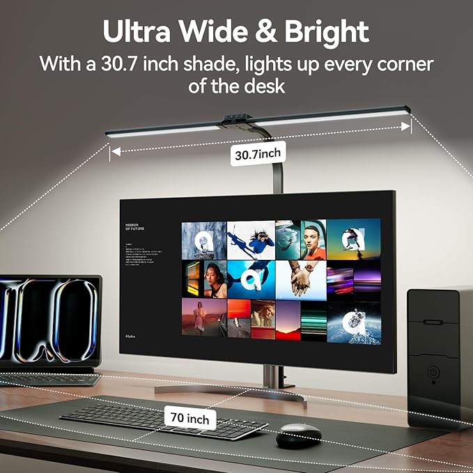 LED Desk Lamp for Home Office - 24W Eye-Caring Architect Clamp Light for Dual Monitors, Bright Task Light with USB Port, Touch Dimming, 5 Colors & 50 Modes, Flexible Gooseneck for Read, Study, Craft