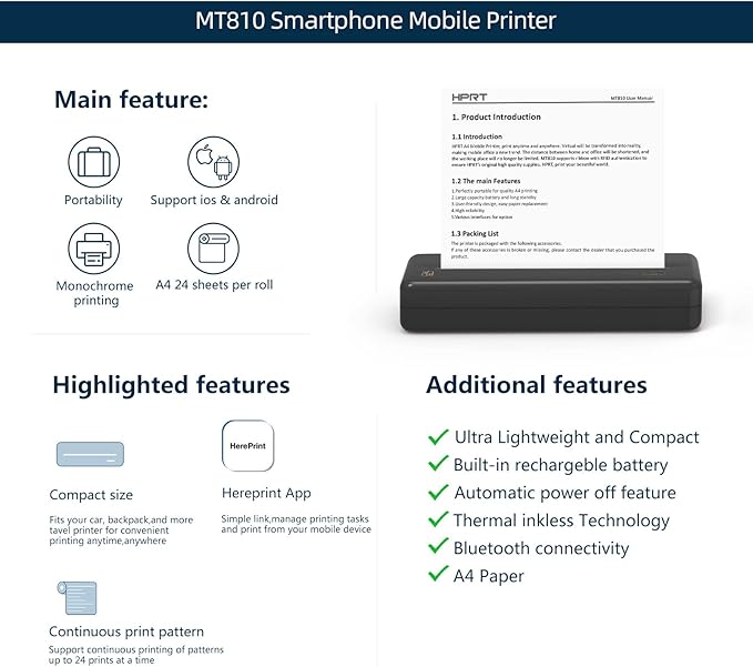 HPRT Wireless Portable Printer - Bluetooth Thermal Printer for Travel, Mobile Office, School, Home Compatible with iOS Android (Renewed) (Black)