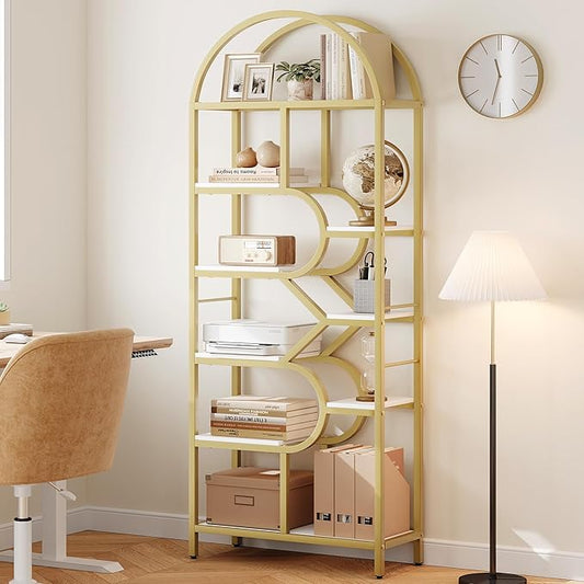 IDEALHOUSE Bookshelf 6 Tier Arched Bookcase 81.7in Tall Display Racks Geometric Open Storage Shelf Unique Book Rack Metal Frame Large Modern Book Shelf for Bedroom, Living Room, Home Office