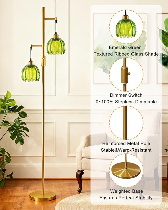 Lightdot 65IN 2-Light Glass Floor Lamp for Living Room, Dimmable Gold Floor Lamps with Emerald Green Glass Floral Shade& Bulb Included, Modern Standing Tall Lamp for Bedroom/Sofa Beside/Corner Decor